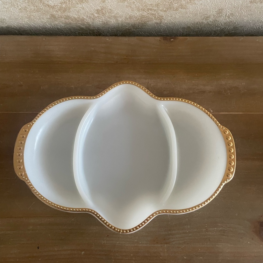 Vintage Fire King White and Gold Divided Serving Dish